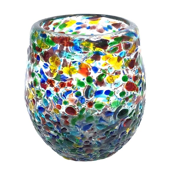 2 Fused Recycled Art Glass Rainbow Confetti Votive Tealight or Candle Holders - Picture 6 of 8